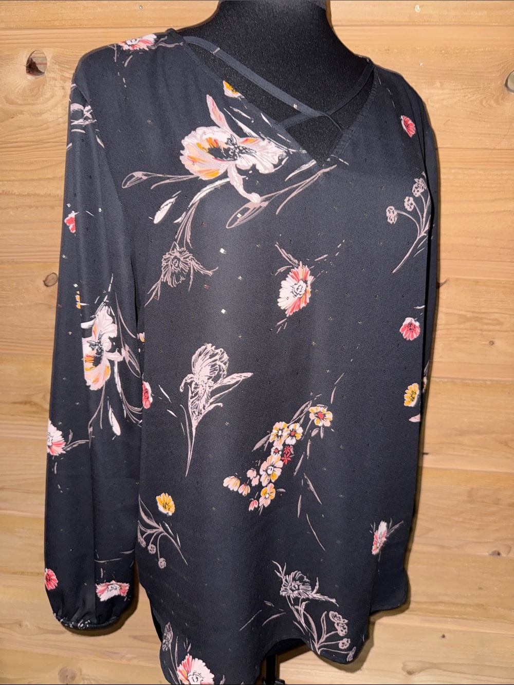 Maurices Black Floral Crisscross V-Neck Blouse gold sparkly pattern throughout